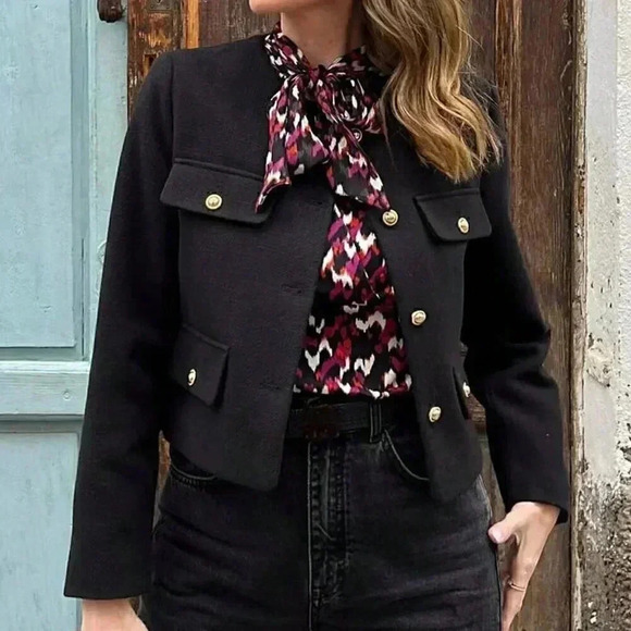 Black Elegant Women's Casual Tweed Jacket Decorated Long Sleeve Coat - Picture 5 of 8